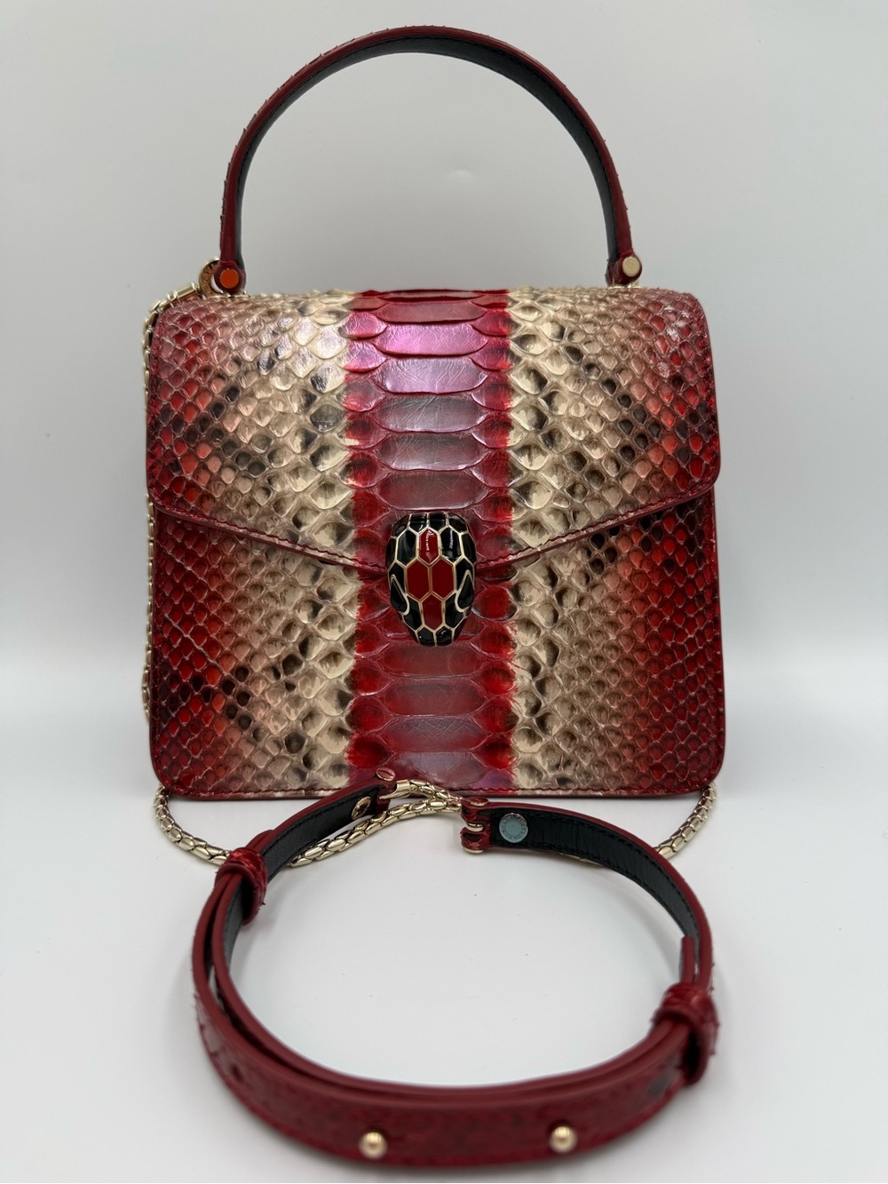 Bvlgari Serpenti Forever Mini Red and Gold Python-Pattern Top Handle Satchel
